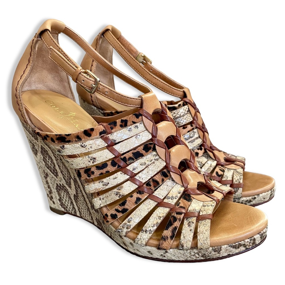 Cole Haan Y2K Tan Animal Print Leather Platform Wedge Sandals Gladiator Cage 8B